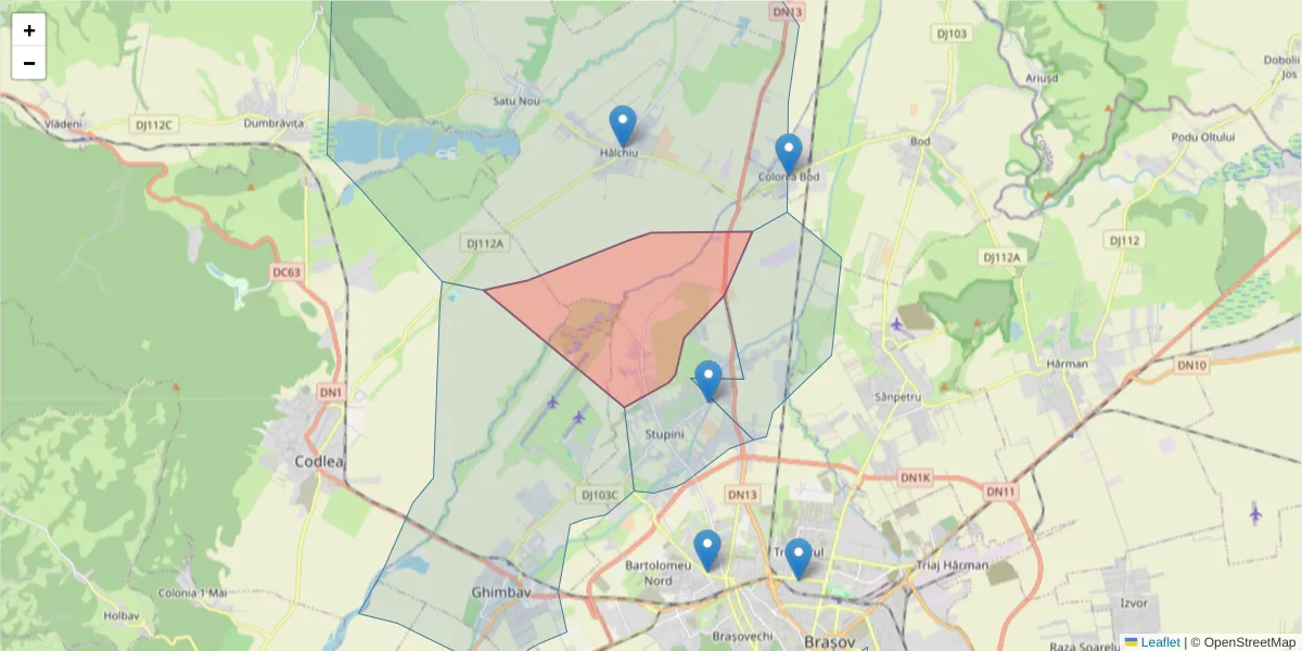 Hartă a codului poștal  și a codurilor poștale învecinate