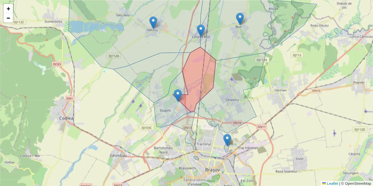 Hartă a codului poștal  și a codurilor poștale învecinate