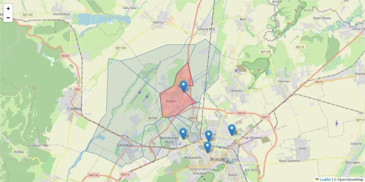 Hartă a codului poștal  și a codurilor poștale învecinate