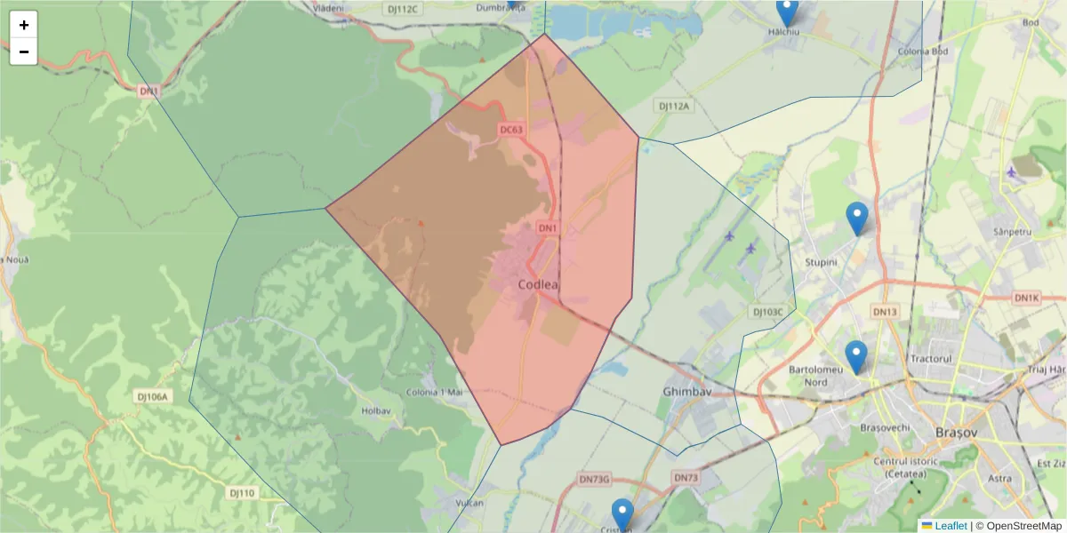 Hartă a codului poștal  și a codurilor poștale învecinate