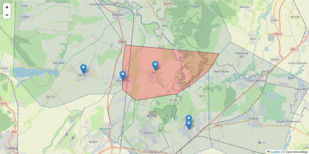 Hartă a codului poștal  și a codurilor poștale învecinate