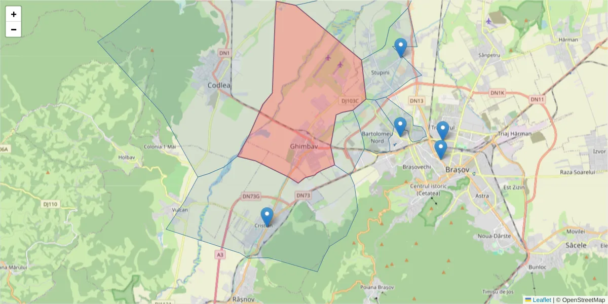 Hartă a codului poștal  și a codurilor poștale învecinate