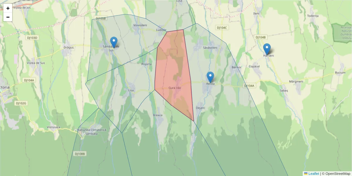 Hartă a codului poștal  și a codurilor poștale învecinate
