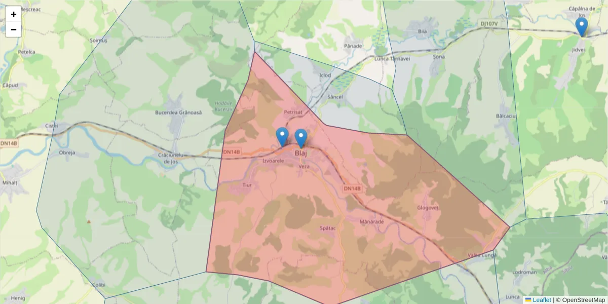 Hartă a codului poștal  și a codurilor poștale învecinate