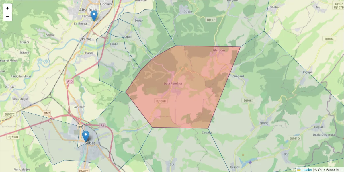 Hartă a codului poștal  și a codurilor poștale învecinate