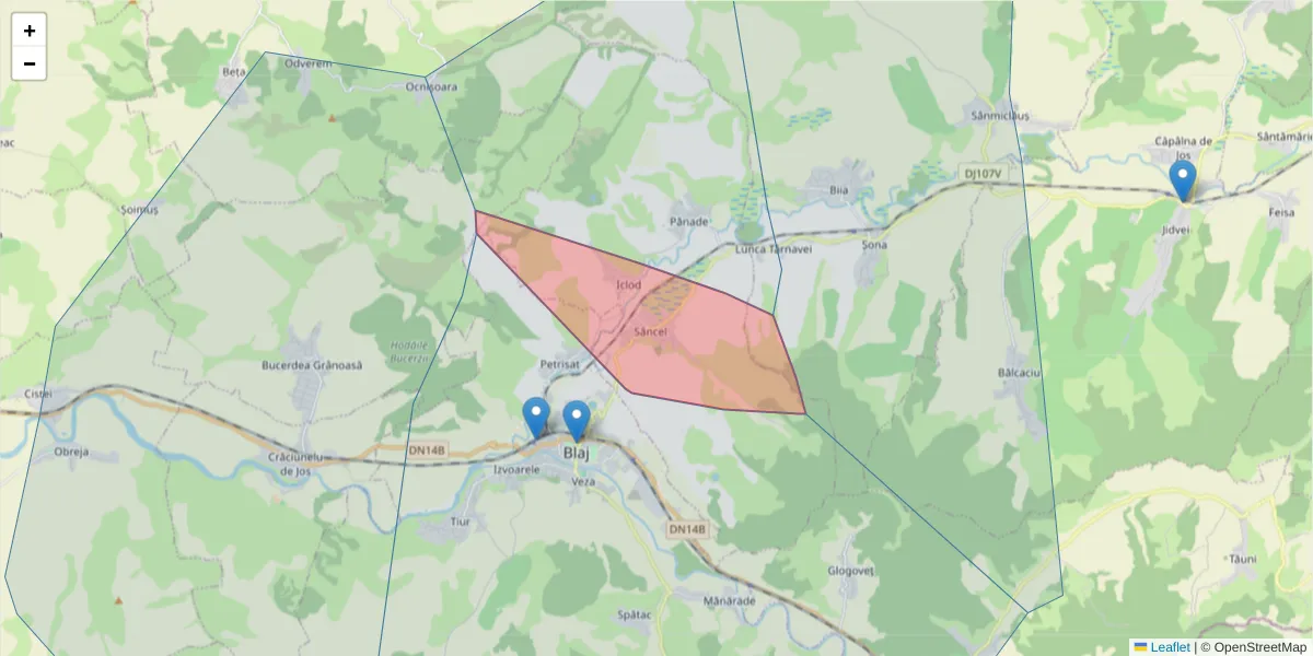 Hartă a codului poștal  și a codurilor poștale învecinate