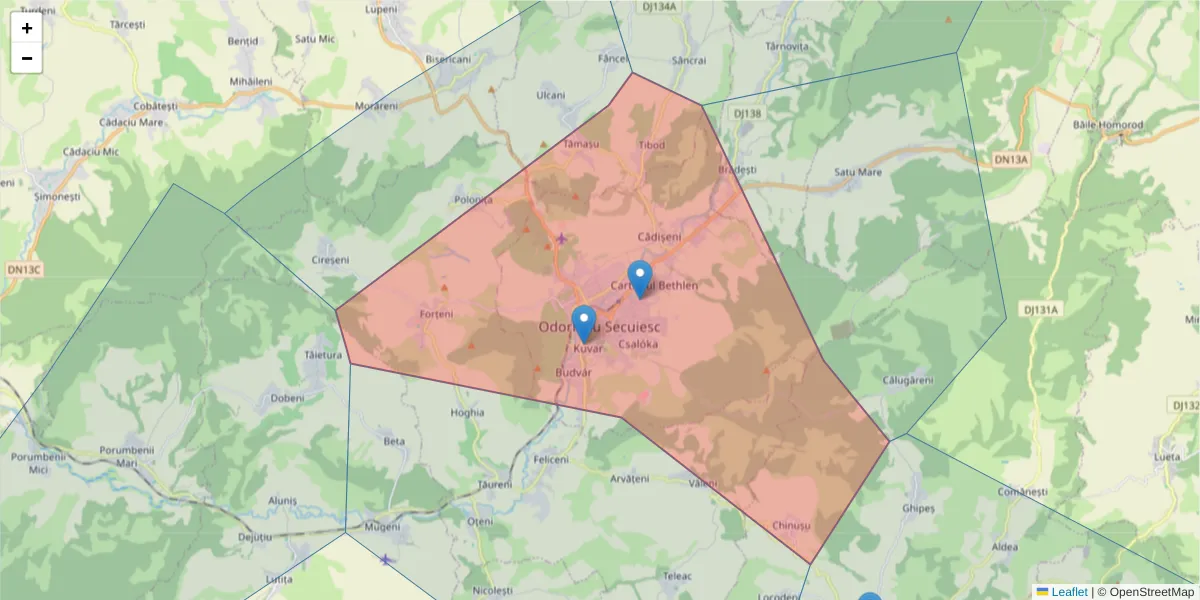 Hartă a codului poștal  și a codurilor poștale învecinate