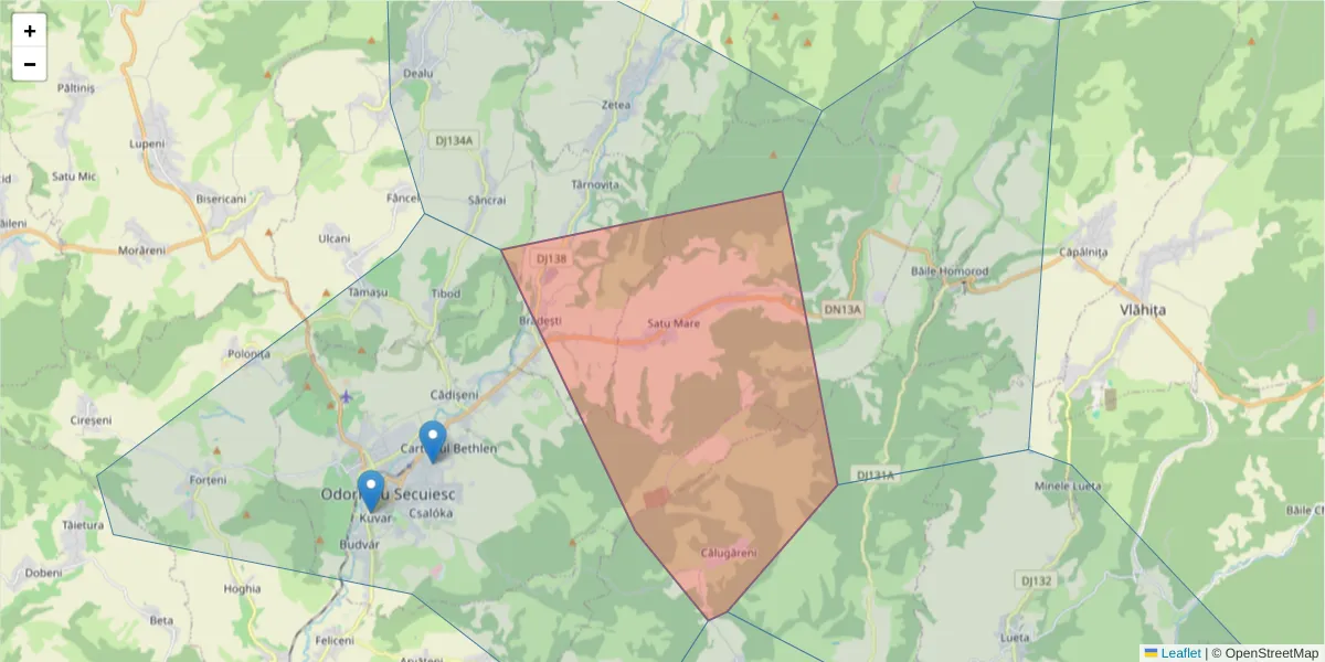 Hartă a codului poștal  și a codurilor poștale învecinate