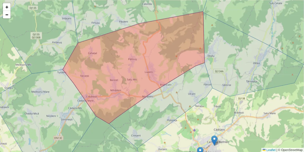 Hartă a codului poștal  și a codurilor poștale învecinate