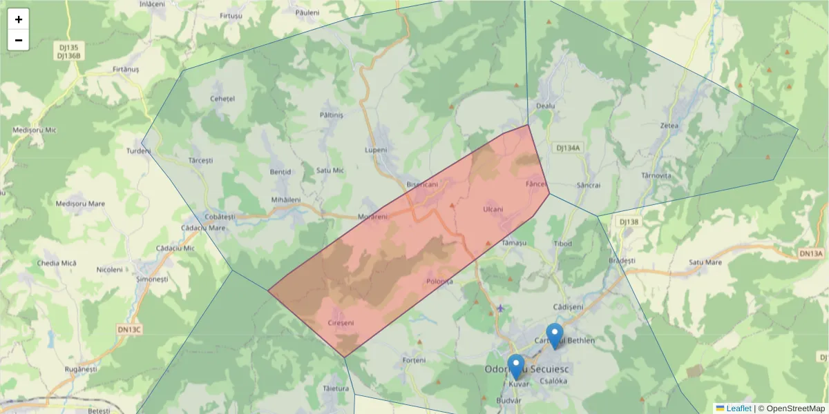 Hartă a codului poștal  și a codurilor poștale învecinate