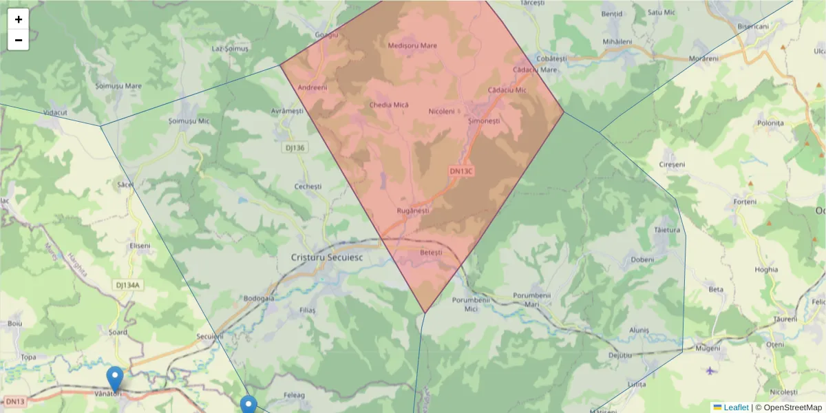 Hartă a codului poștal  și a codurilor poștale învecinate