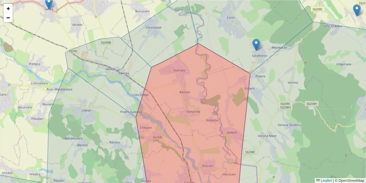 Hartă a codului poștal  și a codurilor poștale învecinate