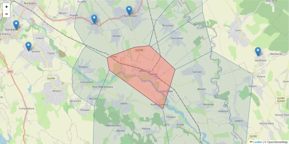 Hartă a codului poștal  și a codurilor poștale învecinate