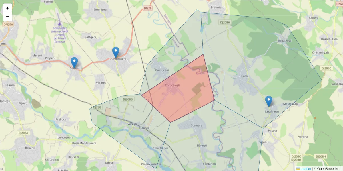 Hartă a codului poștal  și a codurilor poștale învecinate