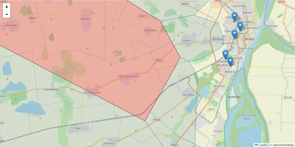 Hartă a codului poștal  și a codurilor poștale învecinate